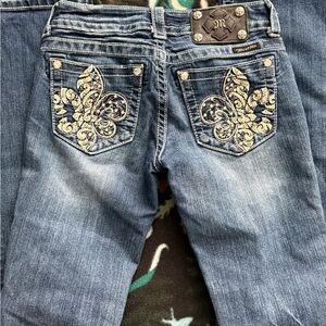 Miss Me Mid Blue Boot Cut Jeans with Cream Embroidered Back Pockets size 26